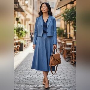 NWT Women's Blue Denim Two-Piece Skirt Set with Cropped Jacket